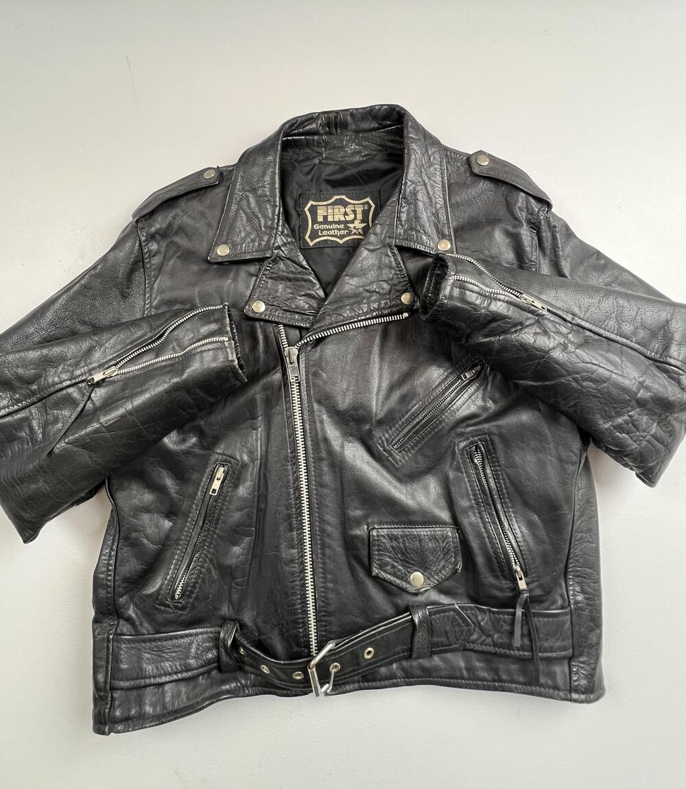 Vintage First Jacket Mens Black Leather Motorcycle Belted Biker Lined VTG Read